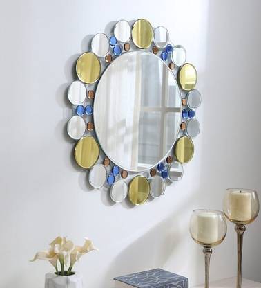 Joyo Cera Beautiful Modern Designed Round Wall Mirror in Yellow & Silver Color Dimension 24 x 24 Inch / Bathroom Mirror / Decorative Mirror
