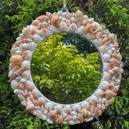 JUNERUSH Artisanal Round Mirror with Mixed Sea Shell Frame 12 Inch Decorative Mirror