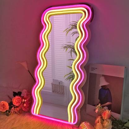 NEON BAZAR Wavy Mirror Neon Sign – 21"x10.6" Wall-Mounted Dimmable LED Decor for Room Lighted Mirror