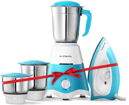 Longway Super Dlx 700 W Mixer Grinder (Blue, White, 3 Jars) & Kwid 750 W Dry Iron (White, Blue)