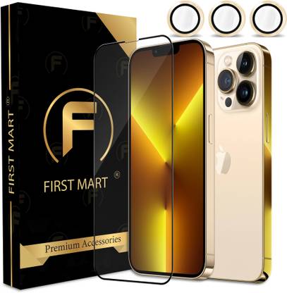 FIRST MART Screen Protector Accessory Combo for iPhone 13 Pro, Apple iPhone 13 Pro, Edge to Edge Glass with Gold Camera Ring