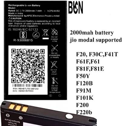 BKN Mobile Battery For  Battery for LYF JioPhone F61F F20 F30C F41T F61 F81F F81E F50Y F120B F91M COMPETABLE WITH- F320B/F220B/F90M/LF2403N/F120B/F61F/F81E/2000mAh