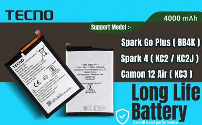 Tecno Mobile Battery For  BL 39LT Tecno Spark Go Plus / Spark 4 / Camon 12 Air/ Vison 2 & Vision 1 Pro - 4000 mAh