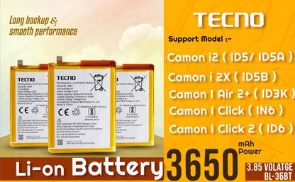 Tecno Mobile Battery For  BL 36BT Tecno Camon i 2X/ I Air 2+/I Click / i2 / ID5/ID5a/ID5b/IN6/ID3k-3650 Battery