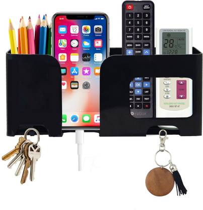 Muv up Wall Mount Mobile/Remote Stand with Key Holder- No Drill Required - Black Mobile Holder