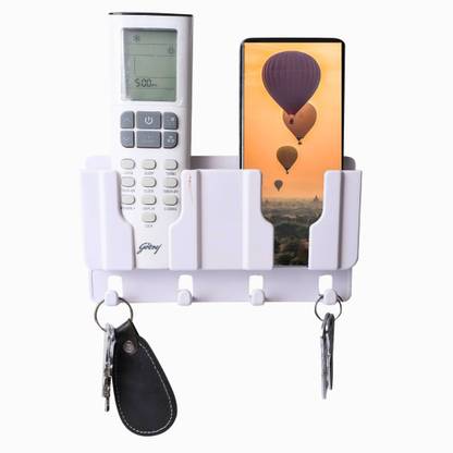 Muv up Wall Mount Mobile/Remote Stand with 4 Key Holder- No Drill Required - White Mobile Holder