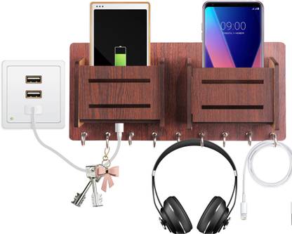 Flipkart SmartBuy Wooden Double Stand With 9 Hooks for Accessories, Phone Charging Mobile Holder