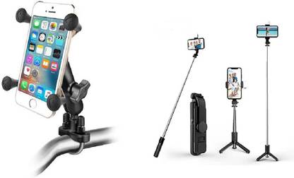 inGOT Mobile Holder for Motorcycle/Bike/Two Wheeler + Selfie Stick 2 in 1 Combo Mobile Holder