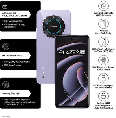 LAVA Blaze 2 5G with Dual Sim|50MP Rear Camera|5000 mAh Battery|Expandable Upto 1 TB (Glass Lavender, 64 GB)