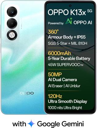 OPPO K13x 5G 6000mAh and 45W SUPERVOOC Charger & AI (Breeze Blue, 128 GB)