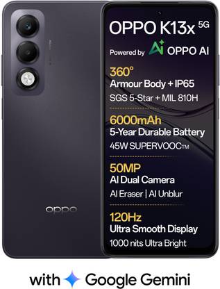 OPPO K13x 5G 6000mAh and 45W SUPERVOOC Charger & AI (Midnight Violet, 128 GB)