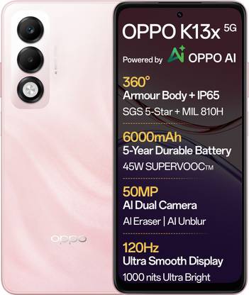 OPPO K13x 5G 6000mAh and 45W SUPERVOOC Charger & AI (Sunset Peach, 128 GB)