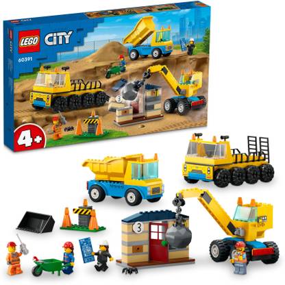 LEGO City : Construction Trucks & Wrecking Ball Crane (235 Blocks) Model Building Kit