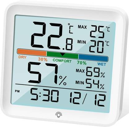 Real Instruments Hygrometer Indoor Thermometer Digital Temperature & Humidity Meter Room Climate Indicator With Calibration Touchable Night Light, Comfort Display Max/min Data All-in-One Digital Moisture Measurer