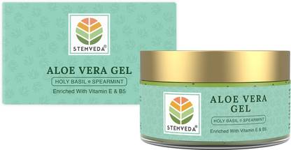 STEMVEDA Premium Aloe Vera Gel Enriched with Holy Basil & Spearmint Essential Oils (No Synthetic Colour or Fragrance) | Multipurpose Aloe Vera Leaf Gel for Skin Care, Face Care & Hair Care | Enhanced with Natural Vitamin E & B5