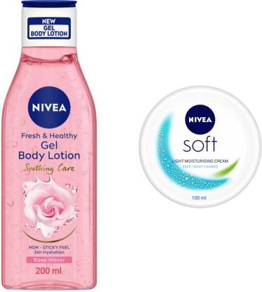 NIVEA Rose Water Gel Body Lotion 200 ML & Soft Light Moisturising Cream 100 ML