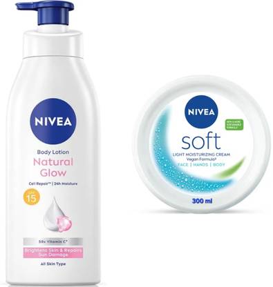 NIVEA NATURAL GLOW BODY LOTION 400 ML & SOFT CREAM 300 ML