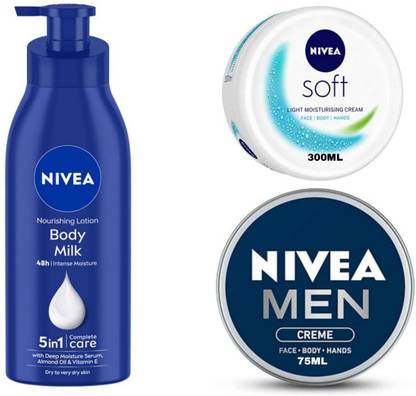 NIVEA Body Milk Body Lotion 400 ML , Soft Cream 300 ML & Men Creme 75 ML