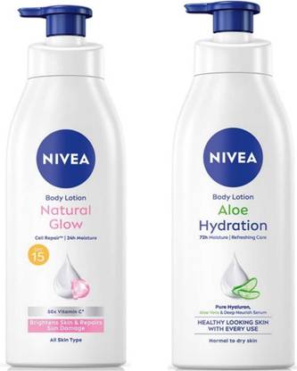 NIVEA Natural Glow Body Lotion 400ml & Aloe Hydration Lotion 400ml (Pack of 2)