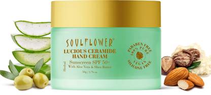 Soulflower Lucious Ceramide Hand Cream Sunscreen Spf 50+ With Aloe Vera & Shea Butter