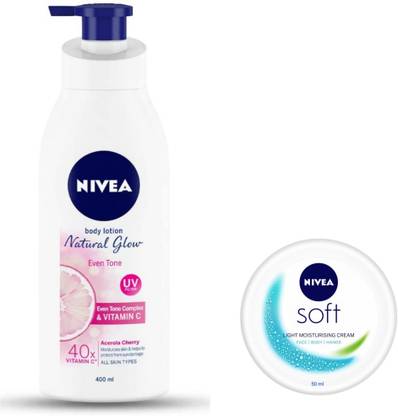 NIVEA Natural Glow Even Tone 400ML & Soft Moisturising Cream 50ML