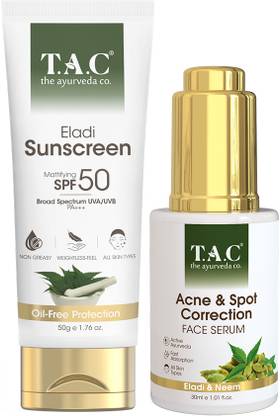 TAC - The Ayurveda Co. Eladi Suncreen And Acne ,Spot Correction Face Serum Combo