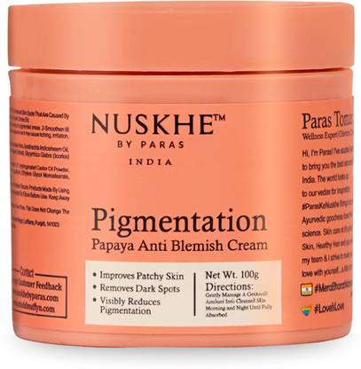Nuskhe By Paras Ayurvedic Pigmentation Papaya Anti Blemish Cream for Visibly Reduces Pigmentation, Patchy Skin and Dark Circle Treatment - Unisex -100 Gram