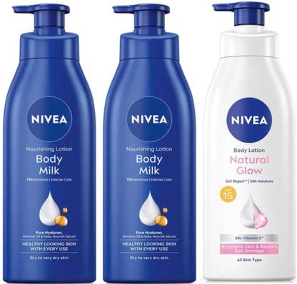 NIVEA BODY LOTION 400 ML - BODY MILK QTY 2 & NATURAL GLOW QTY 1