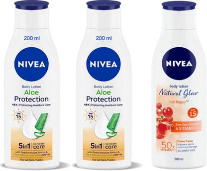 NIVEA Body Lotion 200ml - Aloe Protection SPF 15 -2pcs & N.G. Cell Repair (Pack of 3)