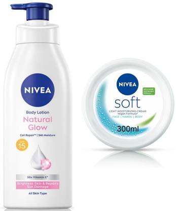 NIVEA Soft Light Moisturizer Cream 300ml & Natural Glow Lotion 400ml (Pack of 2)