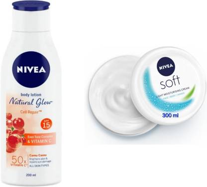 NIVEA Natural Glow Cell Repair Body Lotion - 200ml & Soft Light Moist. Cream - 300ml