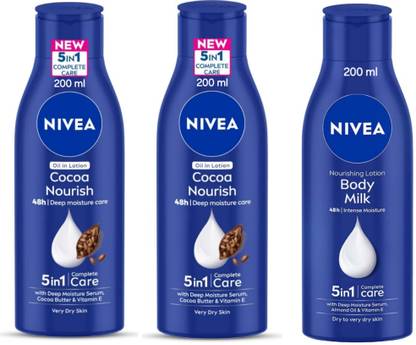NIVEA Body Lotion 200ml - Cocoa Nourish -2pcs & Body Milk Nourishing (Pack of 3)