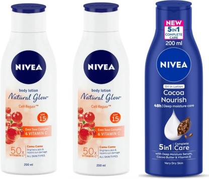 NIVEA Body Lotion 200ml - N.G. Cell Repair SPF 15 -2pcs & Cocoa Nourish (Pack of 3)