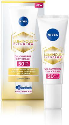 NIVEA LUMINOUS EVEN GLOW Oil Control Face Cream Women - SPF 50 UVA UVB, Reduces Dark Spots, Moisturizer