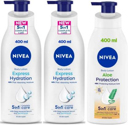 NIVEA Lotion 400ml - Express Hydration - 2pcs & Aloe Protection SPF 15 (Pack of 3)