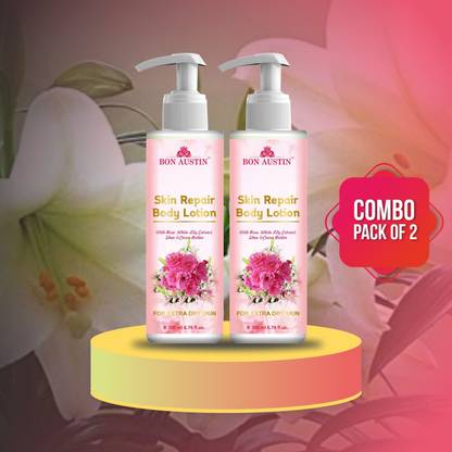Bon Austin Premium Rose ,White Lily Body Lotion with Shea Butter, Moisturising Cream - For Dry Winter Skin with Moisturising Cream Combo Pack Of 2, 200ml (400ml)