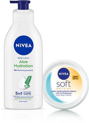 NIVEA Combo with Aloe Body Lotion, Moisturizer & Soft Daily UV Day Cream with SPF 15