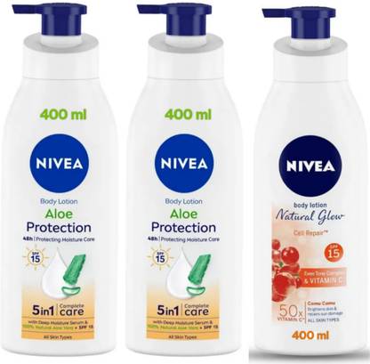 NIVEA Lotion 400ml - Aloe Protection - 2pcs & NaturaL Glow Cell Repair (Pack of 3)