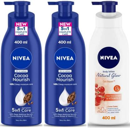 NIVEA Lotion 400ml - Cocoa Nourish -2pcs & Natural Glow Cell Repair (Pack of 3)