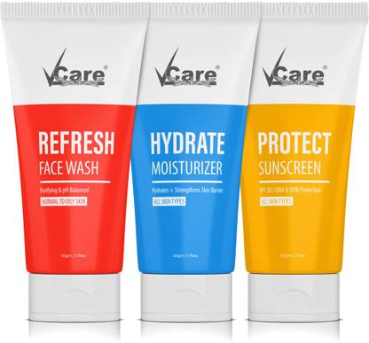 Vcare 3-In-1 Refresh Face Wash, Hydrate Moisturizer + SPF30 Protect Sunscreen
