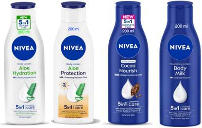 NIVEA Lotion 200ml - Aloe Hydration, Aloe Protection, Cocoa N., Body M. (Pack of 4)