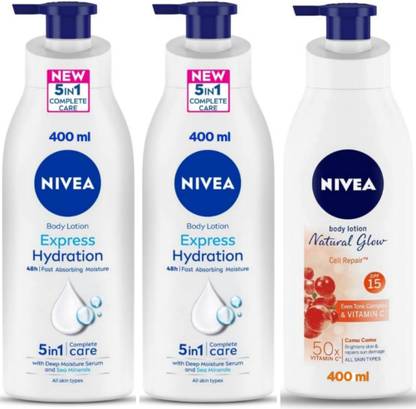 NIVEA Lotion 400ml - Express Hydration - 2pcs & Natural Glow Cell Repair (Pack of 3)