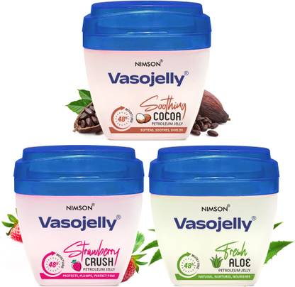Nimson Vasojelly Aloe, Cocoa & Strawberry Petroleum Jelly | 48-Hour Moisture Pack of 3