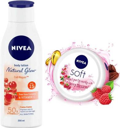 NIVEA Nattural Glow Cell Repair 200ml & Berry Cream 100ml Combo
