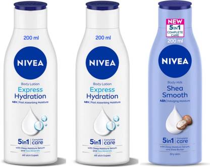 NIVEA Body Lotion 200ml - Express Hydration -2pcs & Shea Smooth (Pack of 3)