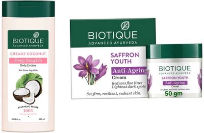 BIOTIQUE Creamy Coconut Lotion -180ml & Saffron Youth Cream -50g (Pack of 2)
