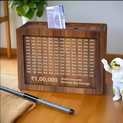 HRN Wooden Money Saving Box | Counting target money box | Coin box for saving Wooden Money Clip