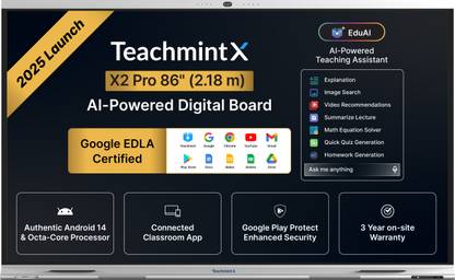 Teachmint X - Premium Digital Board for Teaching 86 Inch (2.18m) | Google EDLA | X2 Pro Interactive Whiteboard Android 14 | 8GB, 128 GB| Inbuilt camera & mic, Octa-Core | Schools, Colleges & Coaching 218.44 cm (86 inch) 4K Ultra HD LED Backlit IPS Panel Monitor (X2086PB14 -X2 Pro 86 inch (2.18m))