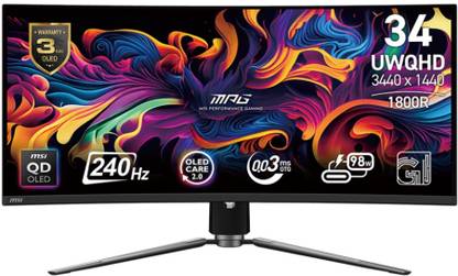MSI 86.36 cm (34 inch) Curved UWQHD OLED Panel with DisplayHDR True Black 400, CLEAR MR13000, 139.1% SRGB, Smart Crosshair, Height Adjustable Gaming Monitor (MPG 341CQPX QD OLED)