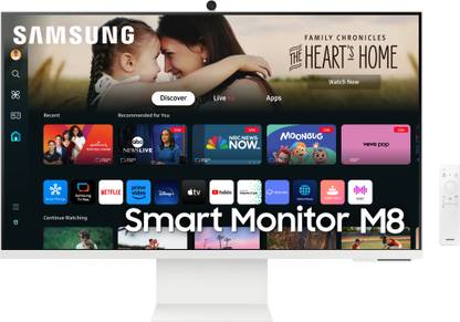 Samsung M8 81.28 cm (32 inch) 4K Ultra HD VA Panel AI Upscaling, Mouse & Keyboard Control, OTT Apps, IoT, Office 365, Workout Tracker, Multiple Ports, Speakers, Remote, Bluetooth, Inbuilt Webcam Smart Monitor (LS32DM801UWXXL)